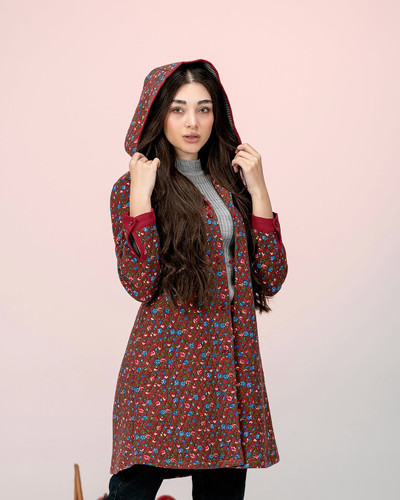 پالتو کوتاه کلاهدار رنگ آجری گلدار - فروشگاه ماه و برگ