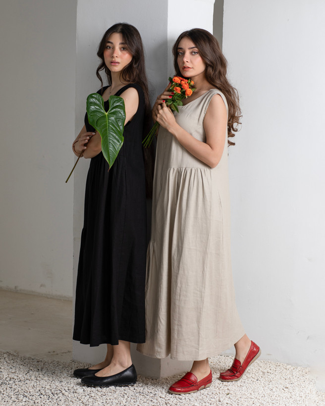 پیراهن سارافون بلند زنانه جنس لینن ساده