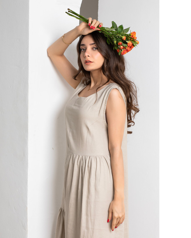 پیراهن سارافون بلند زنانه جنس لینن ساده