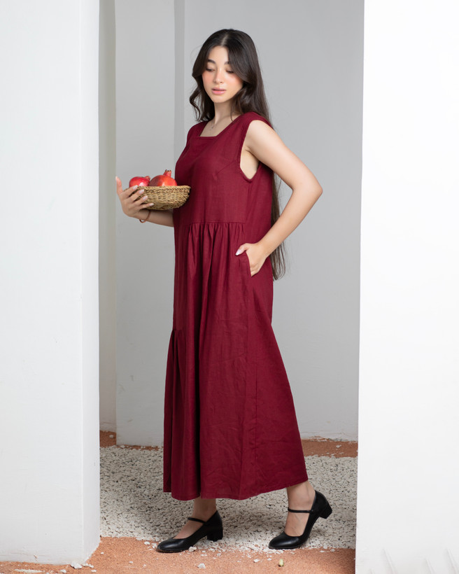 پیراهن سارافون بلند زنانه جنس لینن ساده